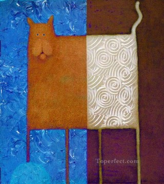 Gato sobre pinturas gruesas azules abstracto original. Pinturas al óleo